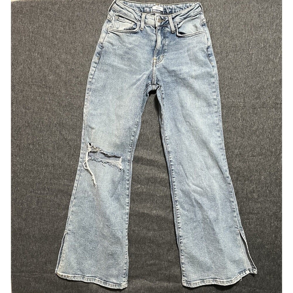 Forever 21 Distressed Flare Jeans Womens 24 Light Wash Split Hem Torn Knee Y2K